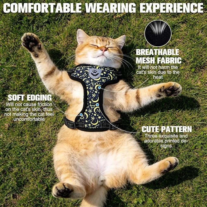 EXPAWLORER Escape Proof Cat Harness and Leash Set - Soft Breathable Vest Harness with Adjustable for Kitten Puppy Outdoor Walking Travel, Reflective Harnesses for Small Medium Large Cats, Star-Moon S