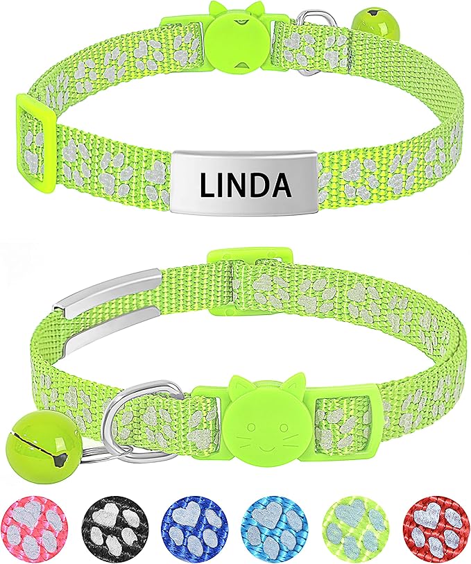 LaReine Reflective Cat Collars Breakaway with Bell and ID Tag - with Personalization Options (7.5"-12.5" Neck, Customized - Green)