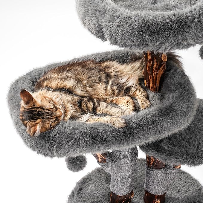 Aesthetic Cat Tree Tower for Large Cats, Modern Cat Tree for Maine Coon Indoor Cats with Faux Fox Fur, Maine Coon Cat Tree, Solid Wood Sisal Scratching Post, Perches, Platform & Toy Ball, Dark Gray