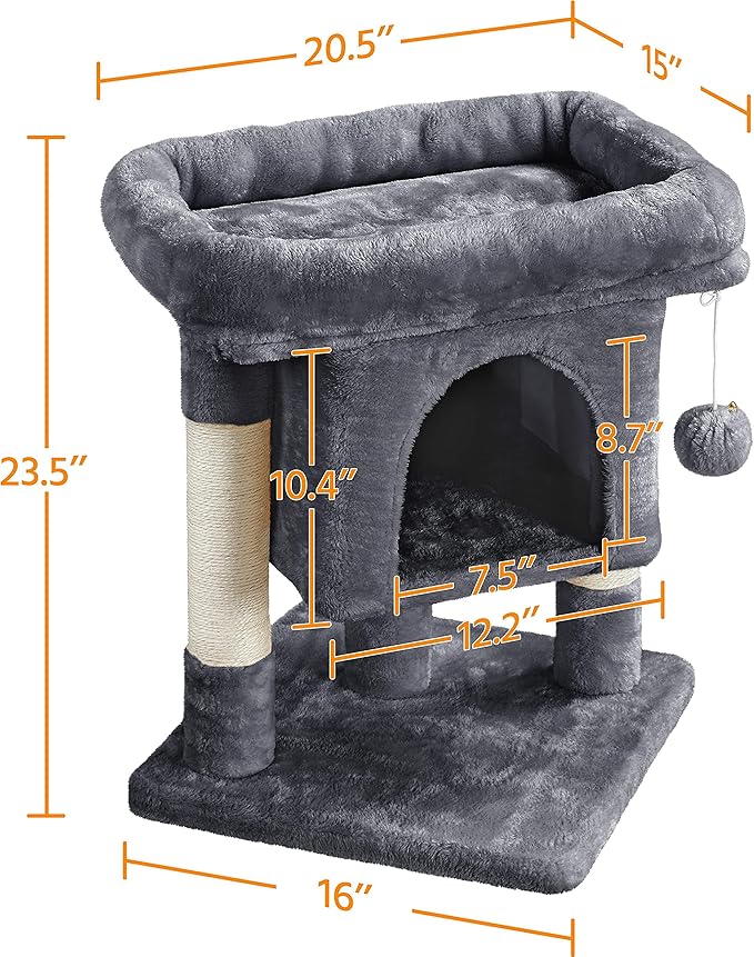 Topeakmart Cat Tree with Extra Large Plush Perch, Soft Cat Condo & Sisal-Covered Scratching Posts for Large Cats, Kittens Cats, 23.5 Inches, Gray