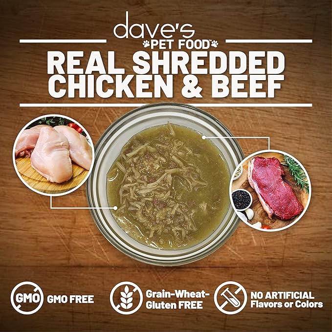 Dave's Pet Food Grain Free Wet Cat Food (Shredded Chicken & Beef in Gravy), Naturally Healthy Canned, Added Vitamins & Minerals, Wheat, Gluten & GMO-Free, 2.8 oz (12 Pack)