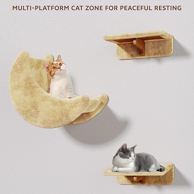 Cat Wall Shelves, Wall Mounted Cat Shelf Furniture with Plush Fabric(13 Piece Set), Cats Furniture with Moon Hammock, Condos, House, Steps, Bridge Ladder, Scratching Post, Beige