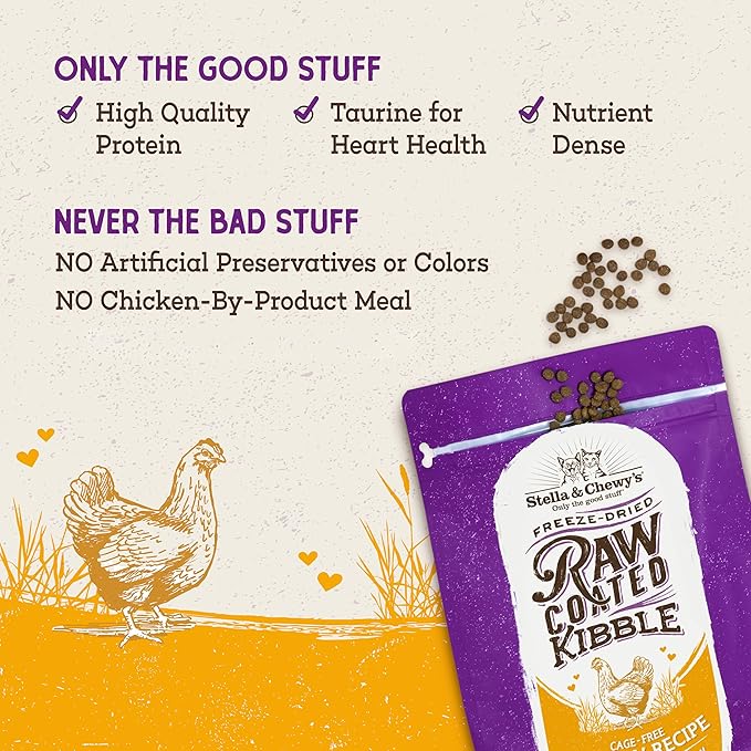 Stella & Chewy's Raw Coated Cat Food - High Protein, Grain-Free Kibble with Cage-Free Chicken - Premium Digestive Support with Probiotics - Natural Small Kibble - Perfect for Picky Eaters - 5 lb Bag