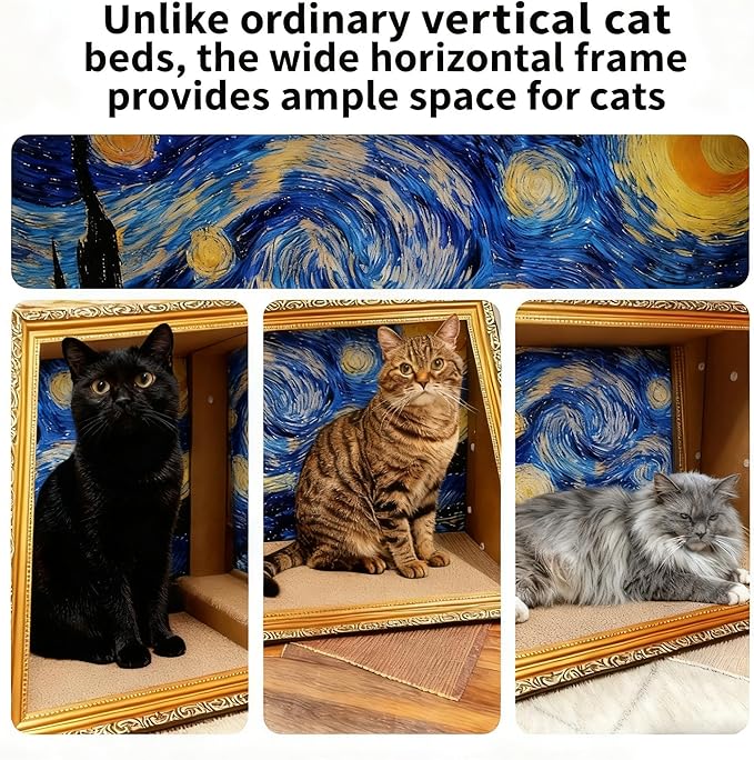 Horizontal Oil Painting Cat Bed & Scratcher - Durable Art Frame with Replaceable Art, Cat House for Indoor Cats Simple-Assembled Bed Couch Cave Condo Home Decoration(Starry Night &Sunflower)