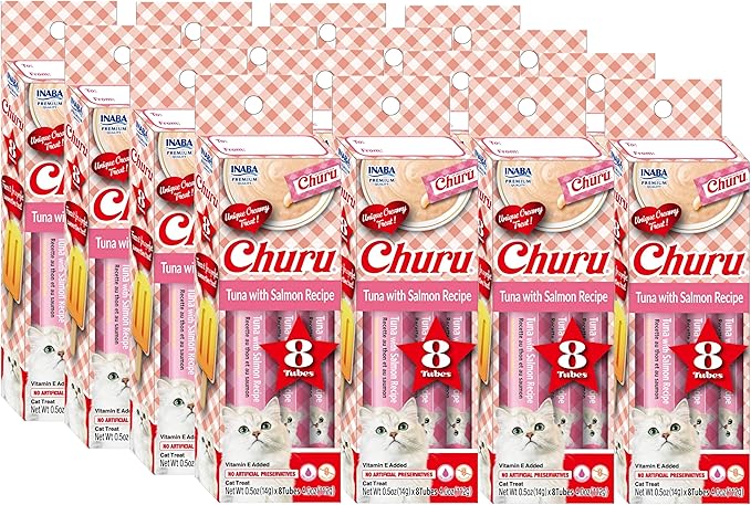 INABA Churu Lickable Purée Natural Cat Treats - Tuna with Salmon Recipe, Case of 128 Tubes (16 Boxes of 8 Tubes Each)