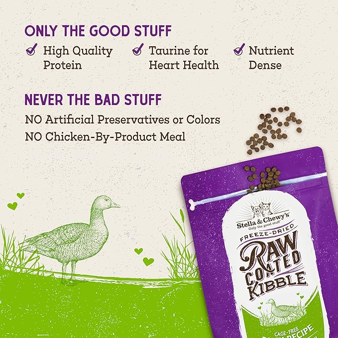 Stella & Chewy's Raw Coated Cat Food - High Protein, Grain-Free Kibble with Cage-Free Duck - Premium Digestive Support with Probiotics - All Natural Small Kibble - Perfect For Picky Eaters - 5 lb Bag