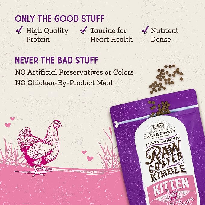 Stella & Chewy's Raw Coated Premium Kibble Cat & Kitten Food – Grain Free, Protein Rich Meals – Cage-Free Chicken for Kittens Recipe – 2.5 lb. Bag