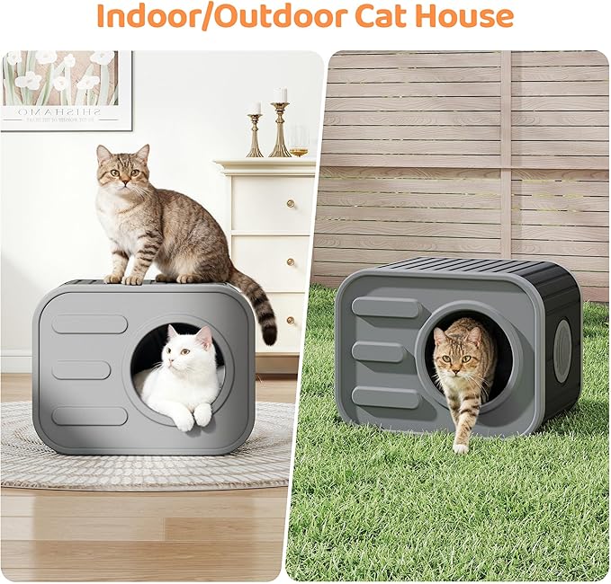 LHBcraft Outdoor Cat House Weatherproof, Insulated Feral Cat House with Camera-Shaped Design, Cat Houses for Outdoor Indoor Cats, Grey