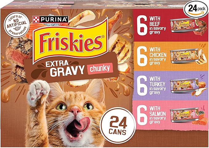 Purina Friskies Extra Gravy Wet Cat Food Chunky 24ct Variety Pack (With Chicken, Turkey, Salmon, Beef) - (Pack of 24) 5.5 oz. Cans