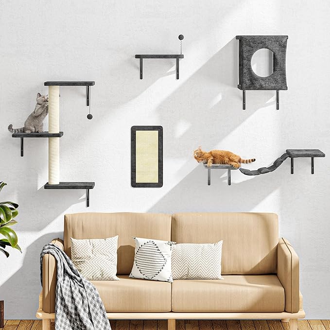 NUNU LAB Cat Wall Shelves Set, 5 Pcs Wall-Mounted Cat Climber with Cat House, Bridge, Scratching Post, Hammock, Wall Shelves, Gray