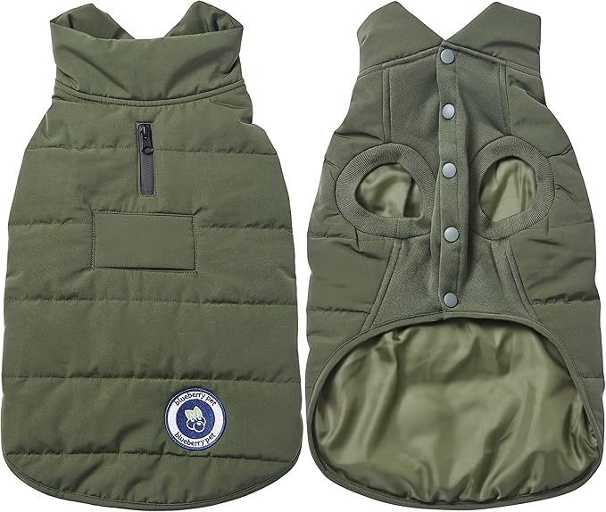Blueberry Pet Cozy & Comfy Windproof Waterproof Quilted Fall Winter Dog Puffer Jacket in Dark Olive, Back Length 12", Size 10", Warm Coat for Small Dogs