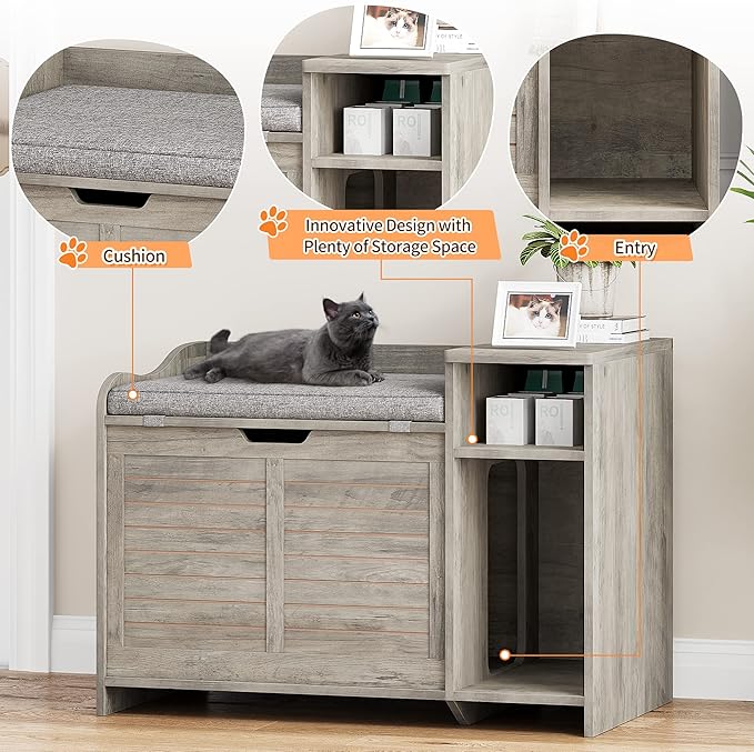 TROPOW Cat Litter Box Enclosure Furniture with Top Opening and Cushion, Hidden Litter Box Cabinet with Storage, Privacy Cat Box Enclosure, Grey