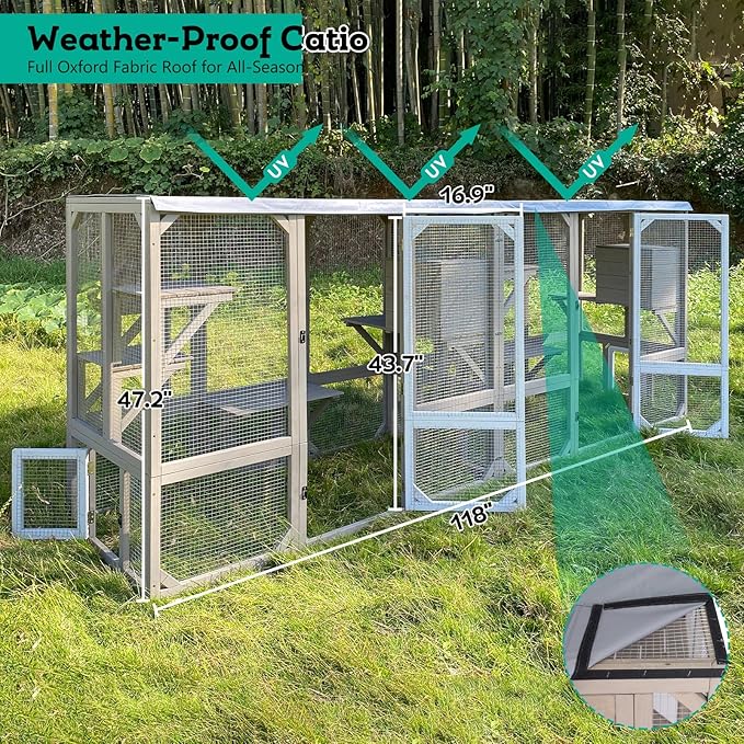 Large Catio Outdoor Cat Enclosure Window Access, Wooden Kitty Cage with Resting Room & 3 Platforms for Multiple Feral Cats, Cat House Attached to Window, Pet's Door for Patio Indoor