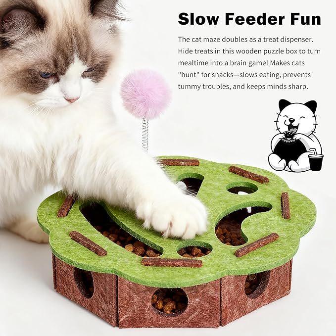 Interactive Cat Puzzle Toy for Indoor Cats, Felt Cat Puzzle Feeder Box with 3 Metal Balls and Wand. Cat Scratch Puzzle Enrichment Box for Self-Play & Encourages Hunting Instincts.