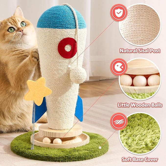 Cat Scratching Post, Rocket Cute Sisal Cat Scratcher with Durable Solid Wood Turntable Toy, Cat Scratch Post Red Cat Scratcher with Spinning Star Toy for Indoor Adult Cats