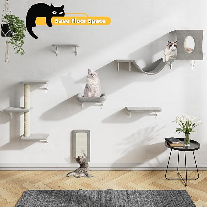 NUNU LAB Wall Mounted Cat Climber Set, 6 Pcs Cat Furniture Set with House, Bridge, Steps, Scratcher Board and Hammock, Shelves for Indoor, Luxury Walls Furniture, Silver Grey