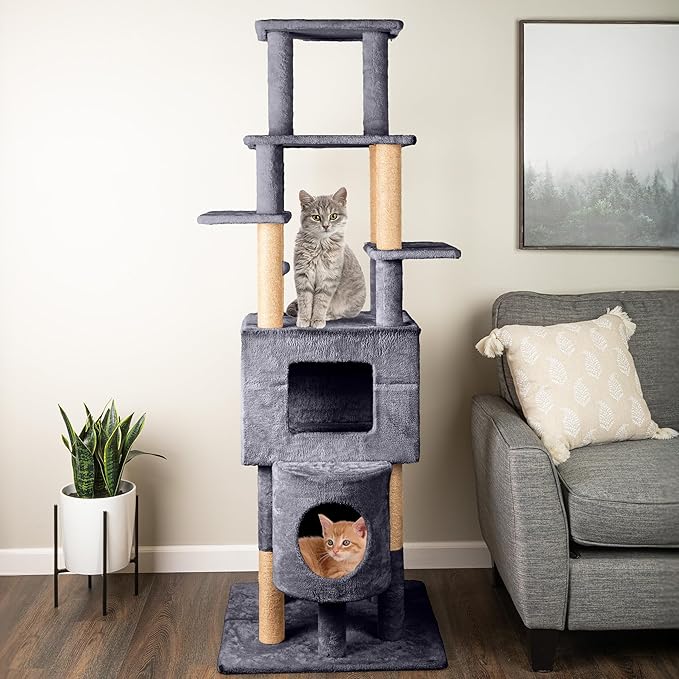 68” Tall Cat Tree Tower - Cat Tower with 2 Kitten Condos, Climbing Perches, 8 Jute Rope Scratching Posts, and Hanging Toy - Multi-Level Kitten Tree and Climbing Activity Furniture by PETMAKER (Gray)