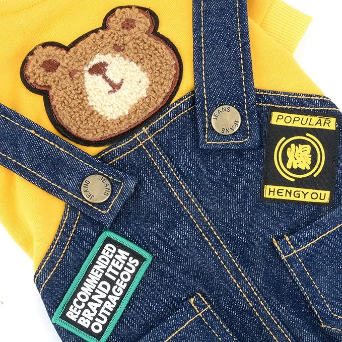 Dog Outfits for Small Dogs Boy Girl Spring Shirts Denim Bib Pants 2 Pockets Jumpsuits One Piece Apparel for Cats Puppies Chihuahua Clothes Adorable Overall for Medium Pet 4 legs Autumn Yellow S