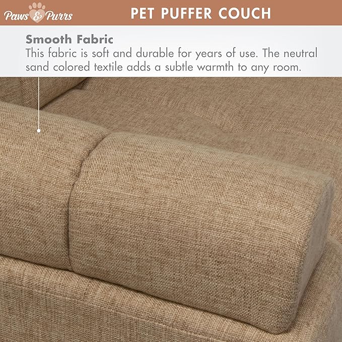Paws & Purrs Puffer Pet Sofa Bed, Dog or Cat Couch with Tufted Cushion and Armrest, Stylish Indoor Pet Furniture, Sand