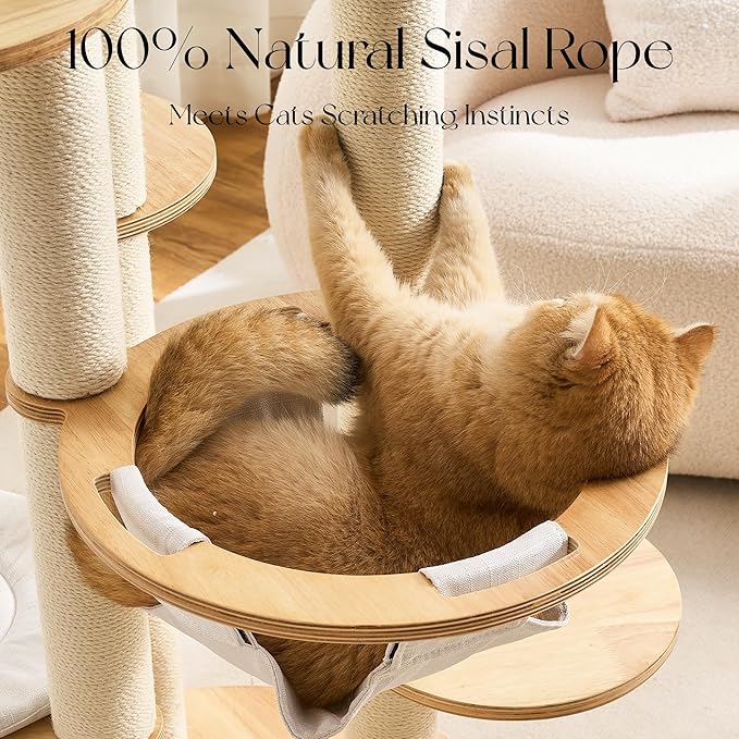 797Audio Modern Solid Wood Cat Tree Tower, 54" Tall Cat Tree with Scratching Posts, Capsule&Hammock, Luxury Natural Oak Wood Cat Tower, Aesthetic Multi-Level Cat Climbing Tree for Large Indoor Cats