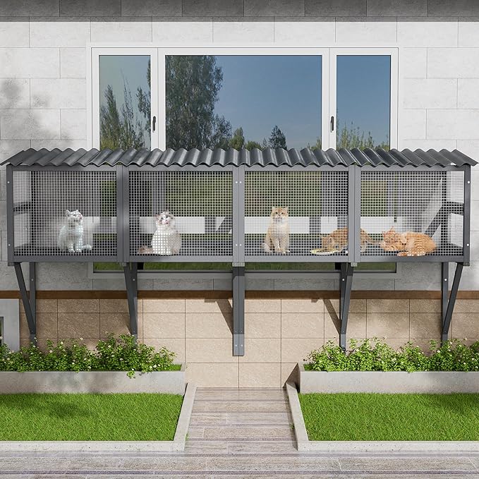 Cat Catio, Cat Window Box for Multiple Indoor Cats, Catio Pet Perch with Metal Mesh Locking Side Door, Wooden Enclosure Window All Weather Use 360° Enjoying Outdoors (Gray, Large)