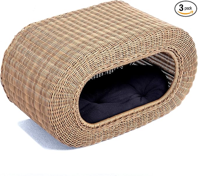 Fun Stackable Wicker Cat Hideaway House - Interactive Play Rattan Cat House for Indoor Cats Kitty, Pet Friendly Top/Side House Entry, Cat Bed Enclosed