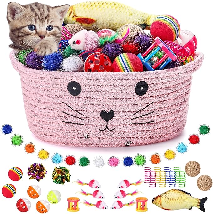 Zopeal 58 Pcs Summer Graduation Cat Storage Basket Gift Toys Set, Colorful Flashing Balls Pet Bell Crinkle Balls Spring Toys Attract Cat to Swat, Hunt, Interactive for Pet(Pink,9.8 Inch)