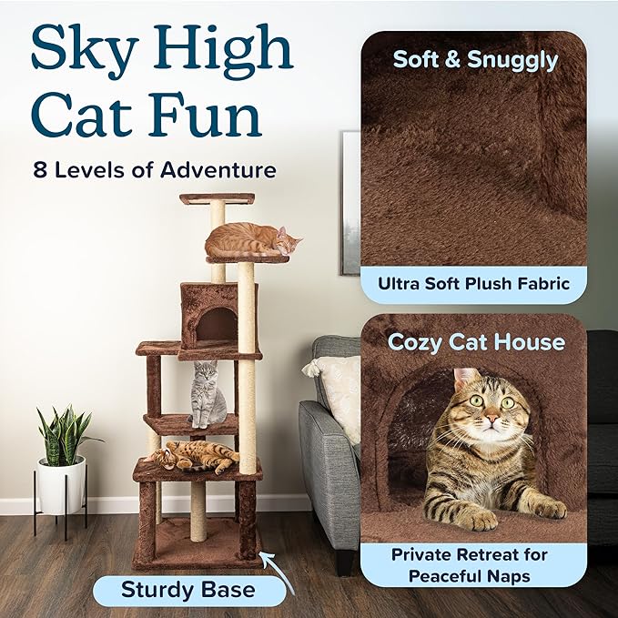 64 Inch Tall Cat Tree Tower - Cat Tower with Kitten Condo, Climbing Perches, and 5 Jute Rope Scratching Posts - Multi-Level Kitten Tree and Climbing Activity Furniture by PETMAKER (Brown)