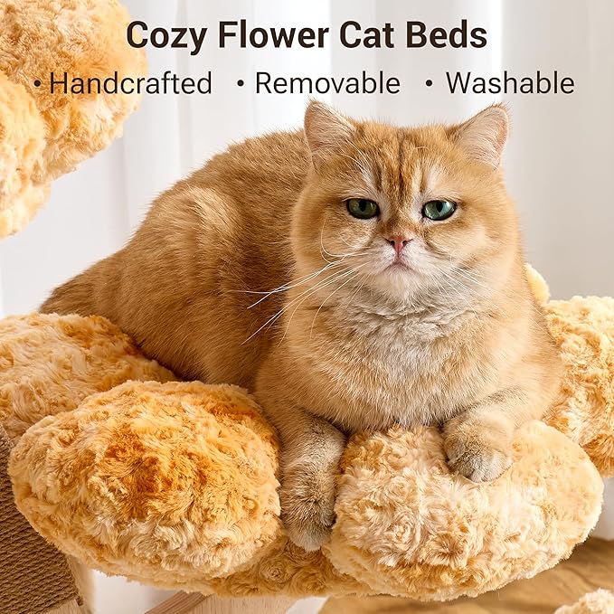 Aesthetic Flower Cat Tree Tower with Scratching Post for Indoor Cats, 37" Modern Cat Tree with Wood Sculpted Branch, Flower Cat Beds, Scratching Board & Interactive Squeaky Toy, Sunset Brown