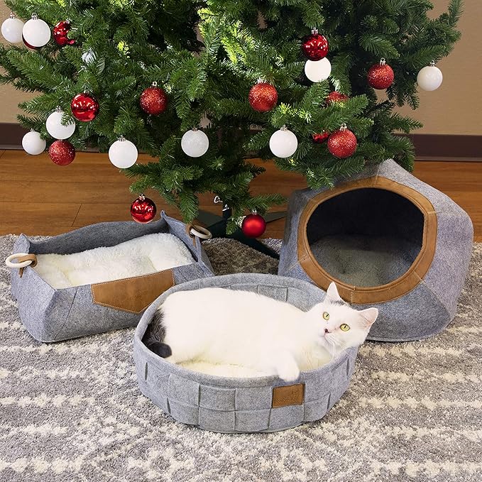 Kitty City Felt Lounge Sleeper Bed for Cats, Warm and Cozy Cat Bed with Machine Washable Cushion, Felt Construction with Faux Leather Details and Wood Handles, Gray, 15"D x 18"W x 7"H (CM-10068-CS01)