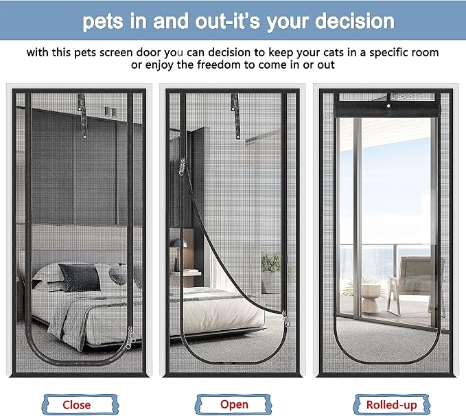 Reinforced Cat Screen Door,Fits Door Opening Size 38''x 82',Thickened Cat Resistant Mesh Screen Door for Living Room,Kitchen,Bedroom,Cat Proof Screen with Zipper Closure.