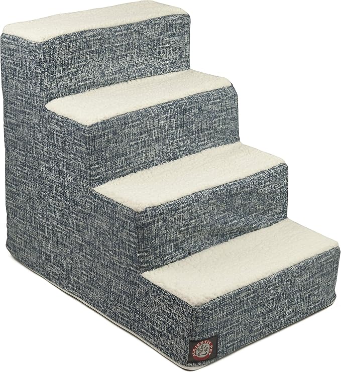 Majestic Pet 4 Step Portable Dog Stairs for Small Dogs to get on Bed Supports 25 lbs or Less –Dog Steps for High Bed with Machine Washable Cover –Pet Stairs for Cats Palette Heathered Navy Blue Denim