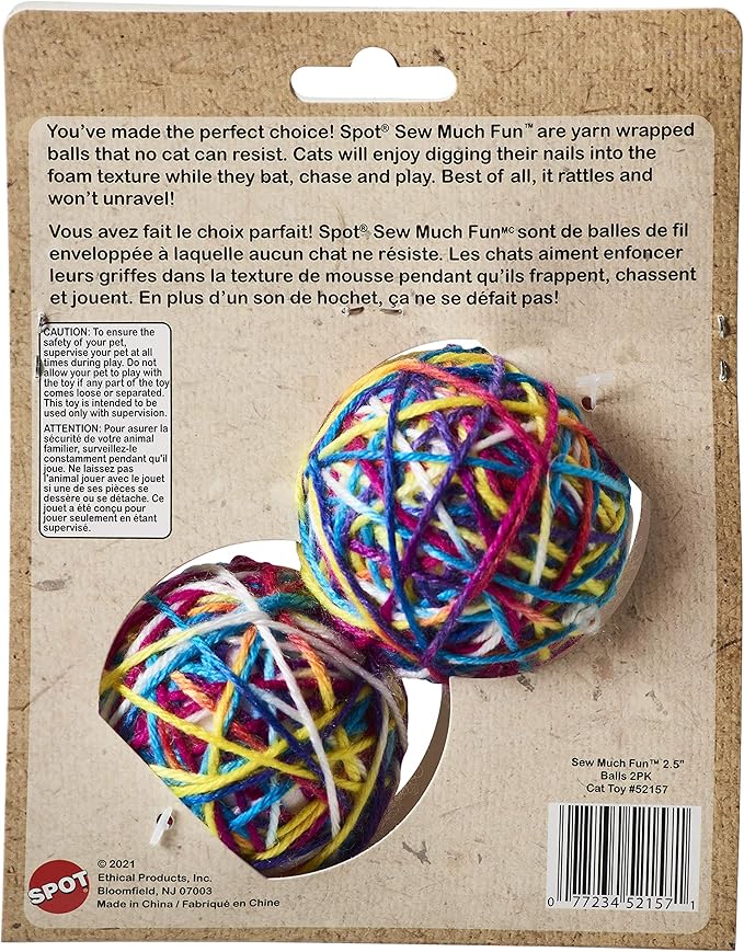 SPOT Ethical Products Sew Much Fun/Yarn Ball Cat Toy / 2.5" / 2Pack, Multicolor