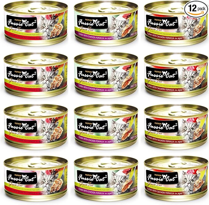 Fussie Cat Premium Grain Free Canned Cat Food 3 Flavor Variety: (4) Tuna with Chicken, (4) Tuna with Salmon and (4) Ocean Fish, 2.82 Oz Each (12 Cans Total)